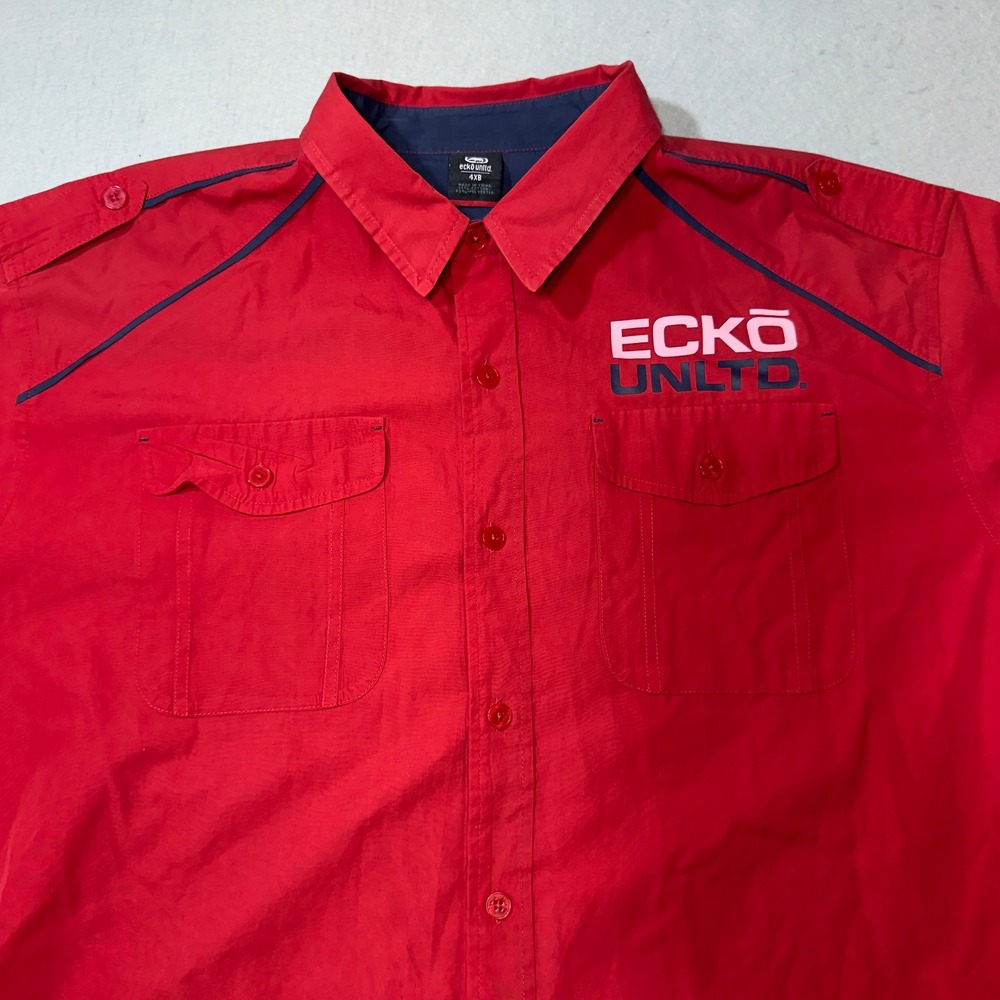 Ecko Unltd Mens 4XB Red Short‎ Sleeve Button Down Shirt Streetwear Logo Epaulets